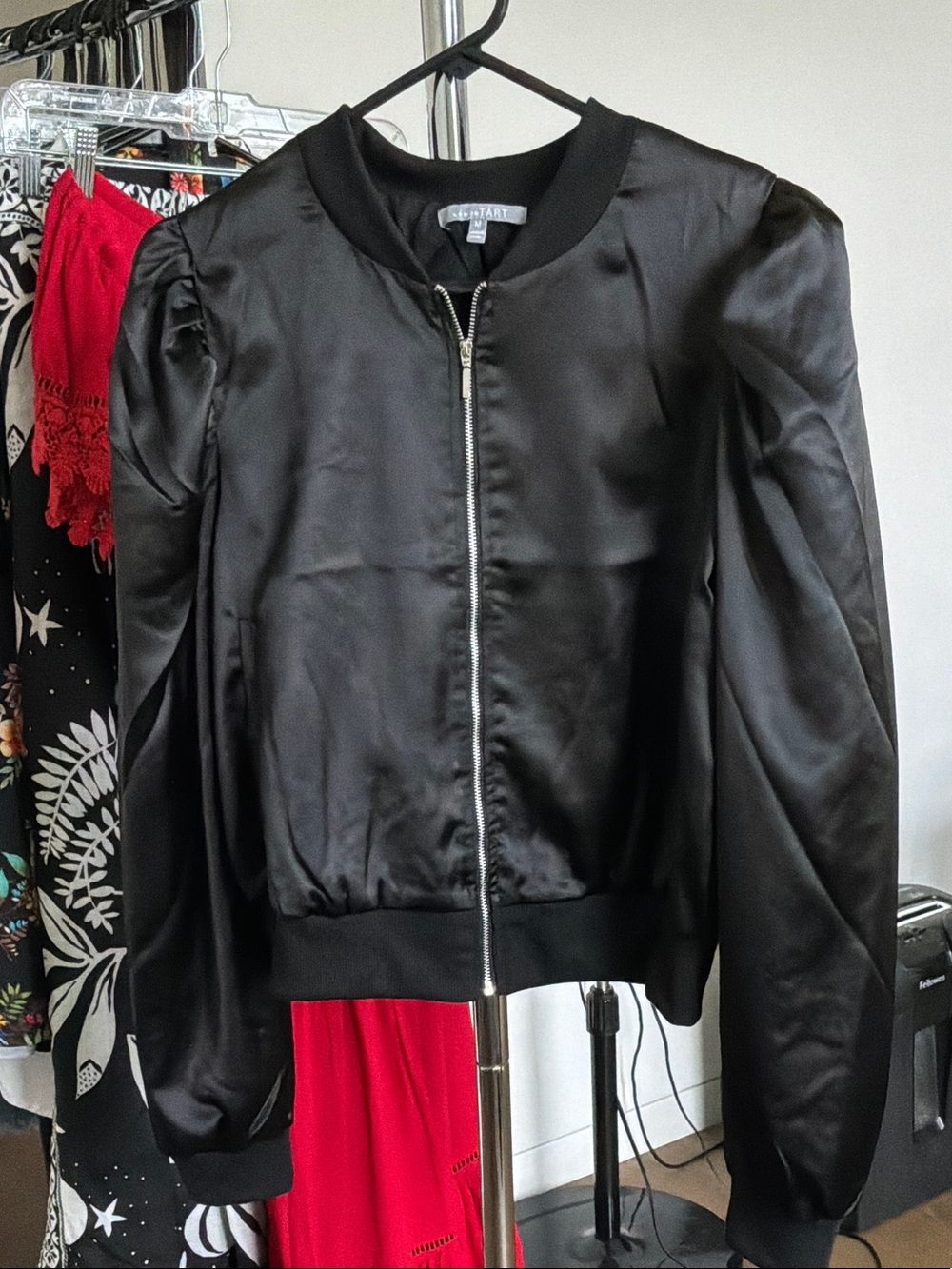 Smythe Black Satin Puff-Sleeve Bomber Jacket